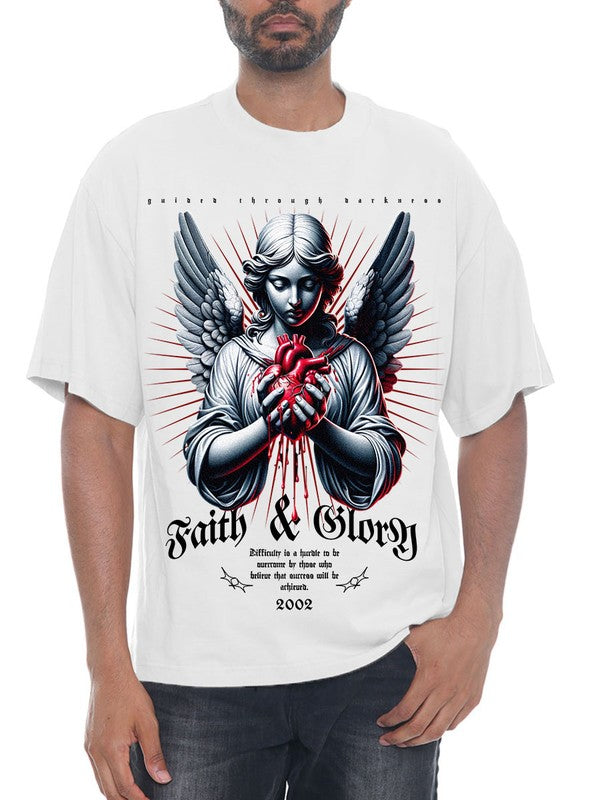 White t-shirt with an angel graphic and 'Faith & Glory' text worn by a person.