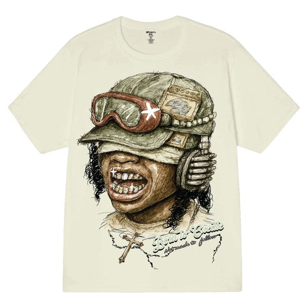 T-shirt with a graphic of a person wearing military gear on a beige background