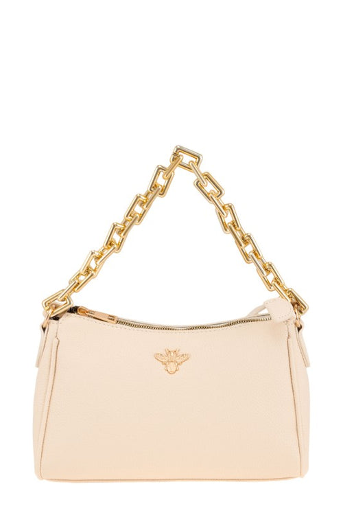 Beige handbag with gold chain handle on a white background
