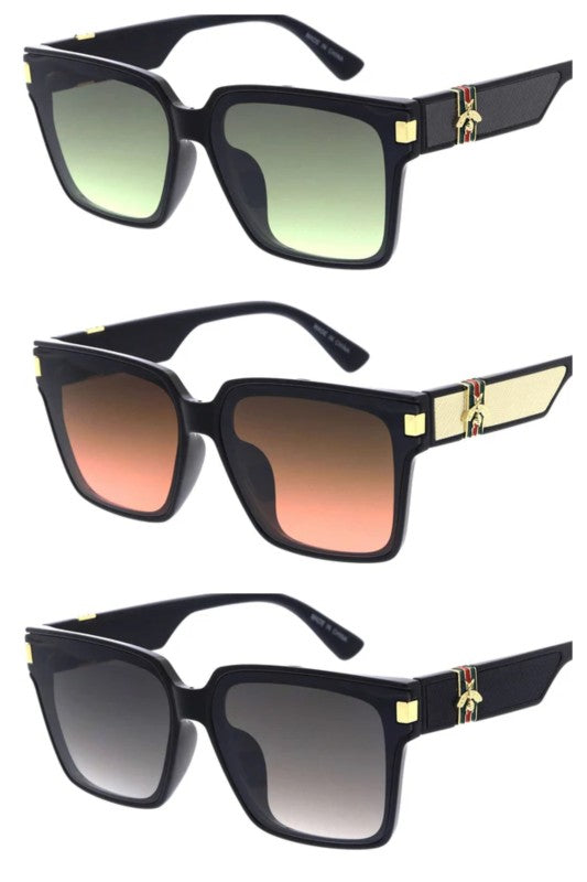 Three pairs of sunglasses with gradient lenses on a white background