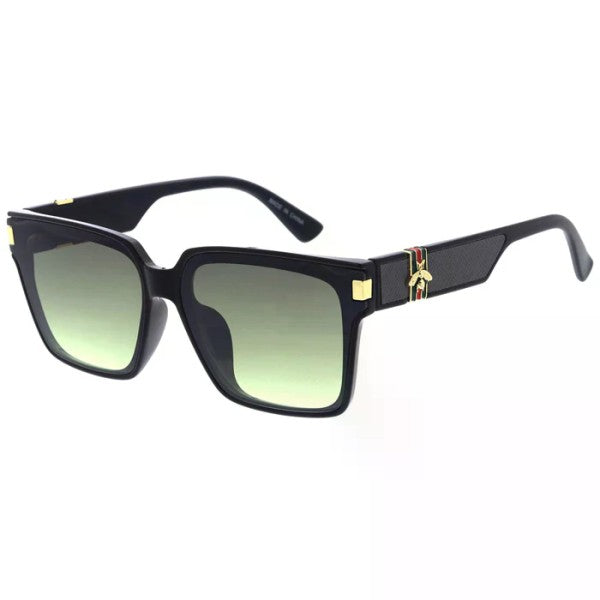 Black sunglasses with gold accents on a white background