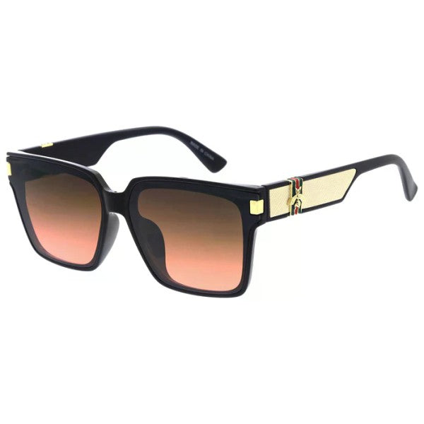 Sunglasses with black frame and gradient lenses on a white background