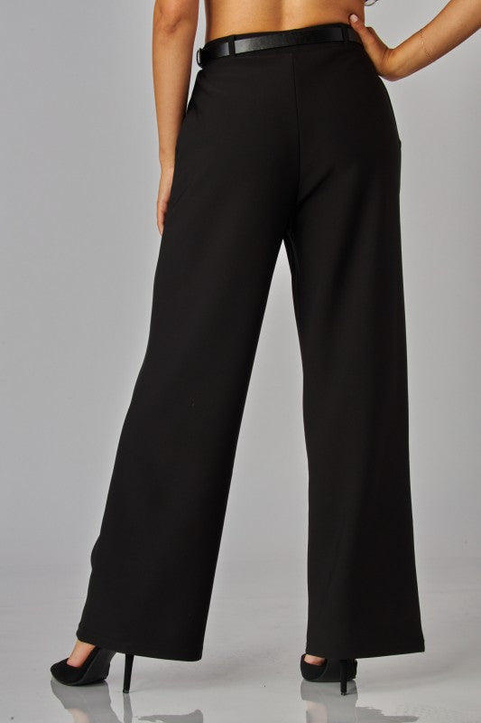 Black pants with belt and heels with model turnaround facing front. 