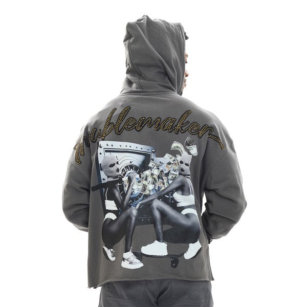 Gray hoodie with graphic design on the back featuring text and mechanical elements.