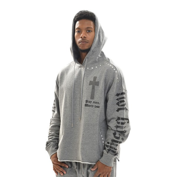 Person wearing a gray hoodie with text and graphics on a white background