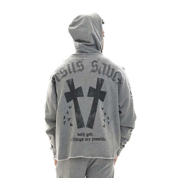 Gray hoodie with black cross design and text on a white background