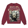 Red sweatshirt with graphic design and text on a white background