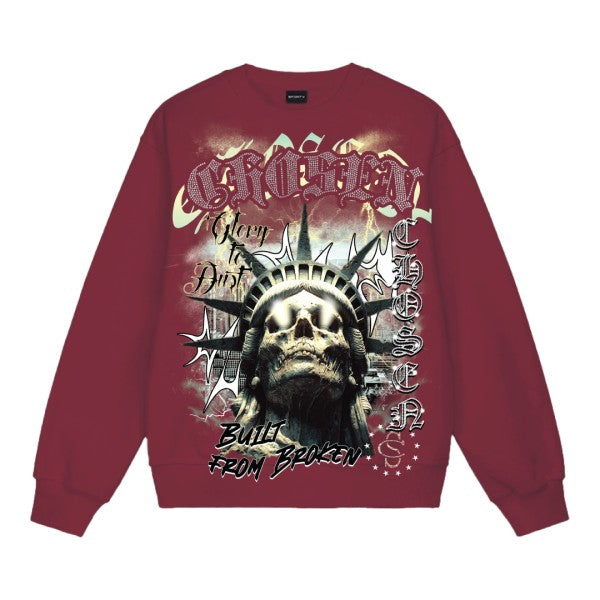 Red sweatshirt with graphic design and text on a white background