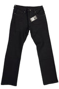 Black jeans with a tag on a white background