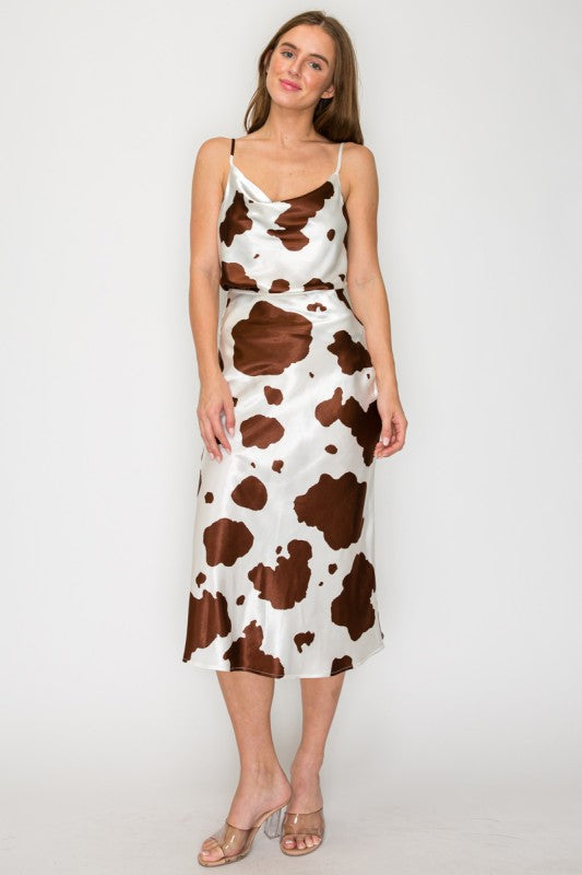 Brown cow Satin Printed Midi Length Skirt.
