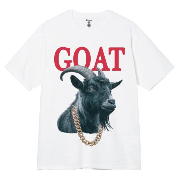 White crew tee with Goat Graphics.