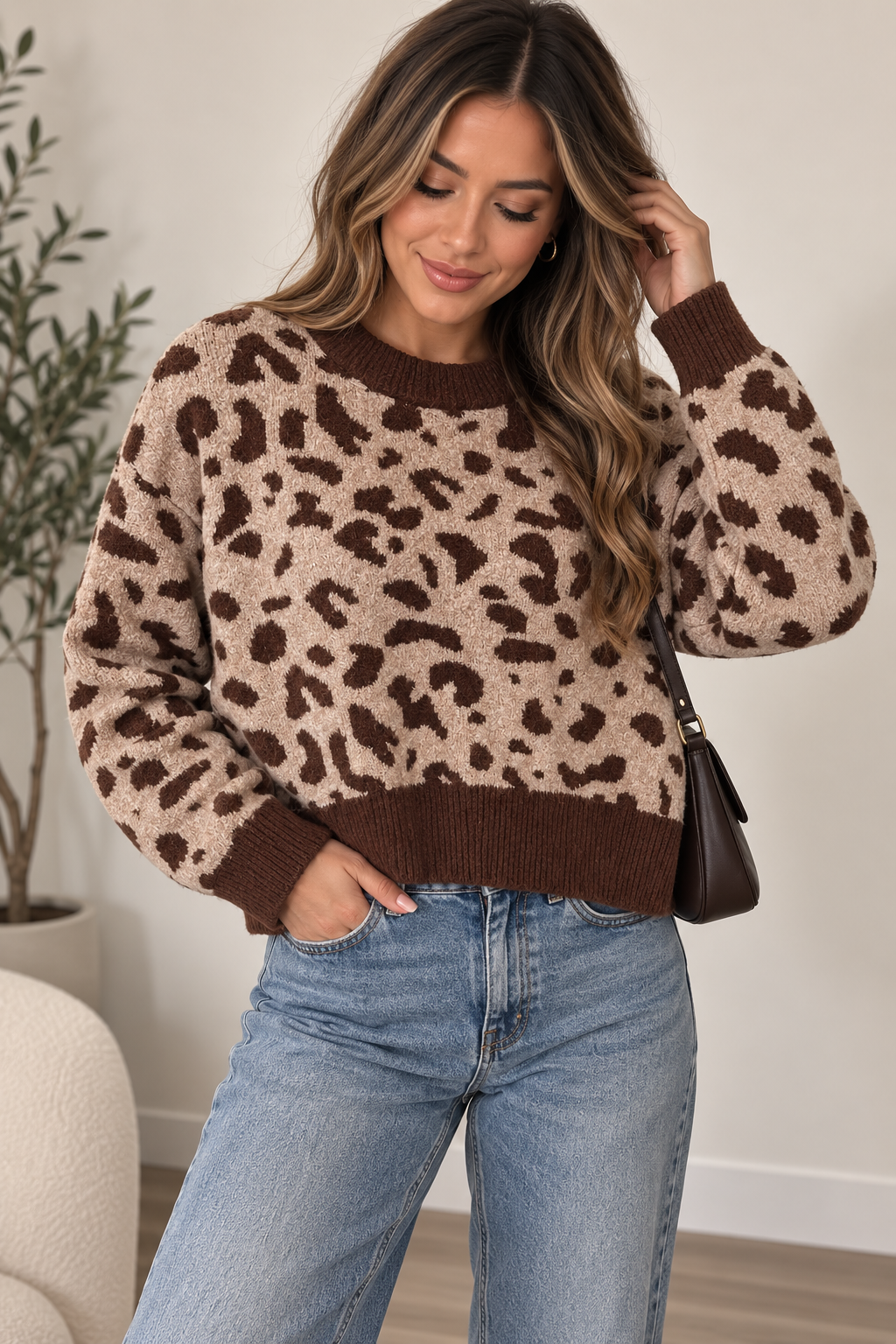 A woman wearing a brown and beige leopard print fuzzy knit sweater with ribbed cuffs and hem, paired with light blue jeans and carrying a dark brown shoulder bag.