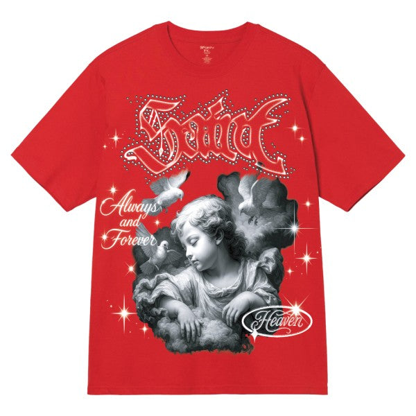 Red t-shirt with angel design and text on a white background