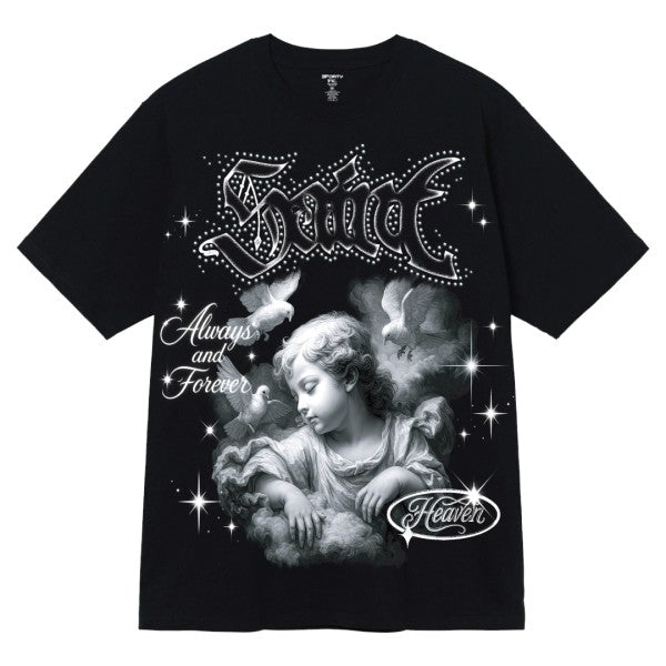 Black t-shirt with angel graphic and text on a white background