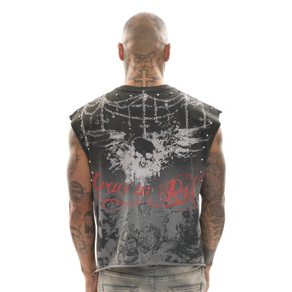 Man wearing a sleeveless black and gray graphic vest with red text on a white background