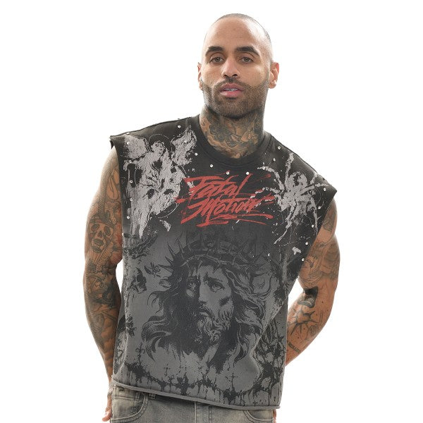 Man wearing a sleeveless shirt with graphic design and text on a white background