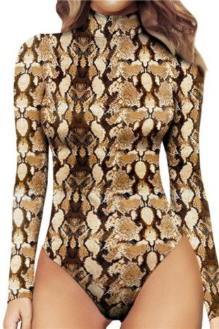 A long-sleeve high-neck bodysuit with a brown, beige, and black snakeskin pattern, shown on a model against a plain white background.