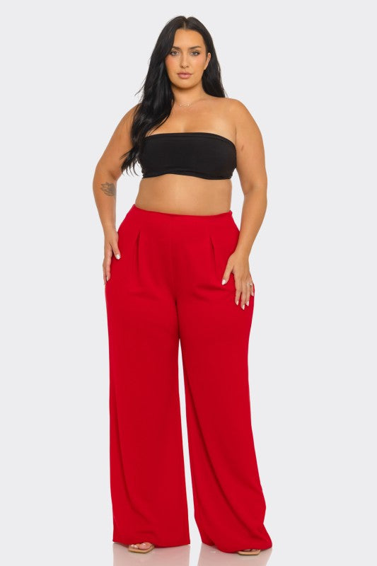 Red Plus Size Techno Crepe Solid Front Pleated Side Zipper Wide Leg Pants