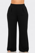 Black Plus Size Techno Crepe Solid Front Pleated Side Zipper Wide Leg Pants.