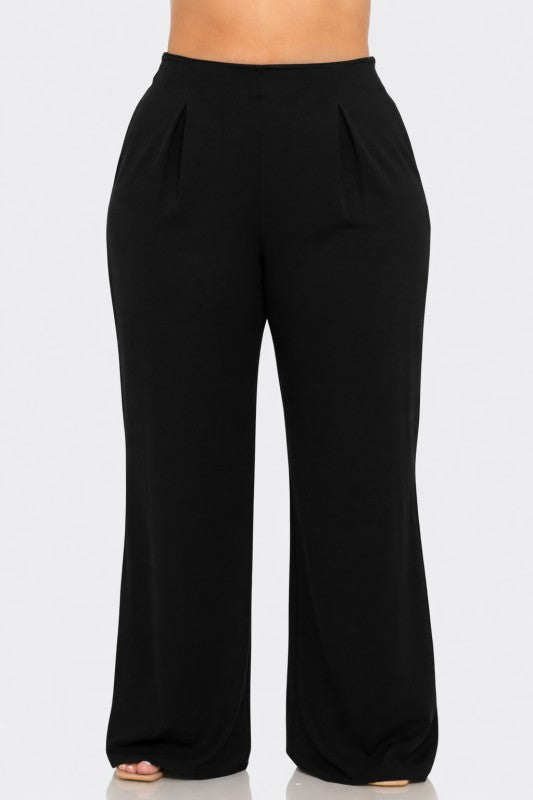 Black Plus Size Techno Crepe Solid Front Pleated Side Zipper Wide Leg Pants.