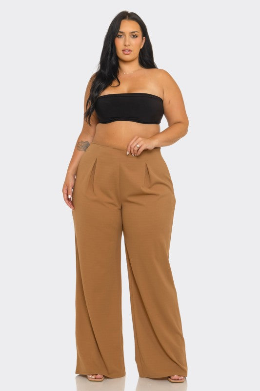 Mocha brown Plus Size Techno Crepe Solid Front Pleated Side Zipper Wide Leg Pants.