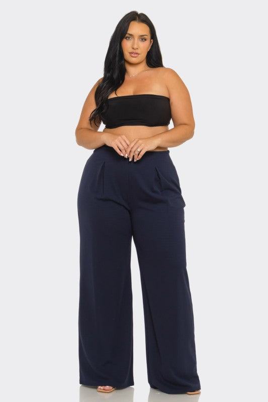 Navy Blue Plus Size Techno Crepe Solid Front Pleated Side Zipper Wide Leg Pants