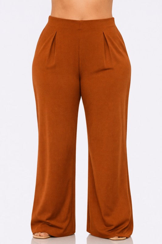 Rust orange Plus Size Techno Crepe Solid Front Pleated Side Zipper Wide Leg Pants.