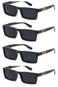 4 black rectangular sunglasses with dark lenses, featuring gold and silver logo accents on the temples, displayed against a plain background.