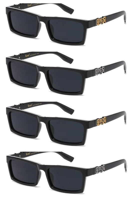 4 black rectangular sunglasses with dark lenses, featuring gold and silver logo accents on the temples, displayed against a plain background.