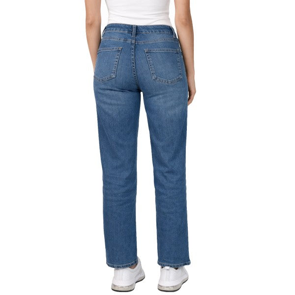 Person wearing blue jeans on a white background