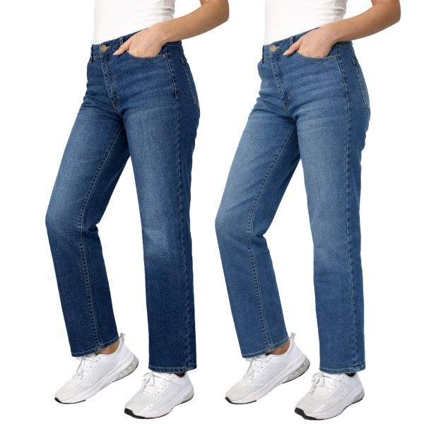 Two pairs of blue jeans worn by a person on a white background