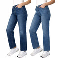 Two pairs of blue jeans worn by a person on a white background