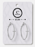 A pair of silver-tone hoop earrings with small clear rhinestone accents on the right side, displayed on a white marble-patterned retail card. The card shows the brand name 'C² FASHION' and a price of '$5.