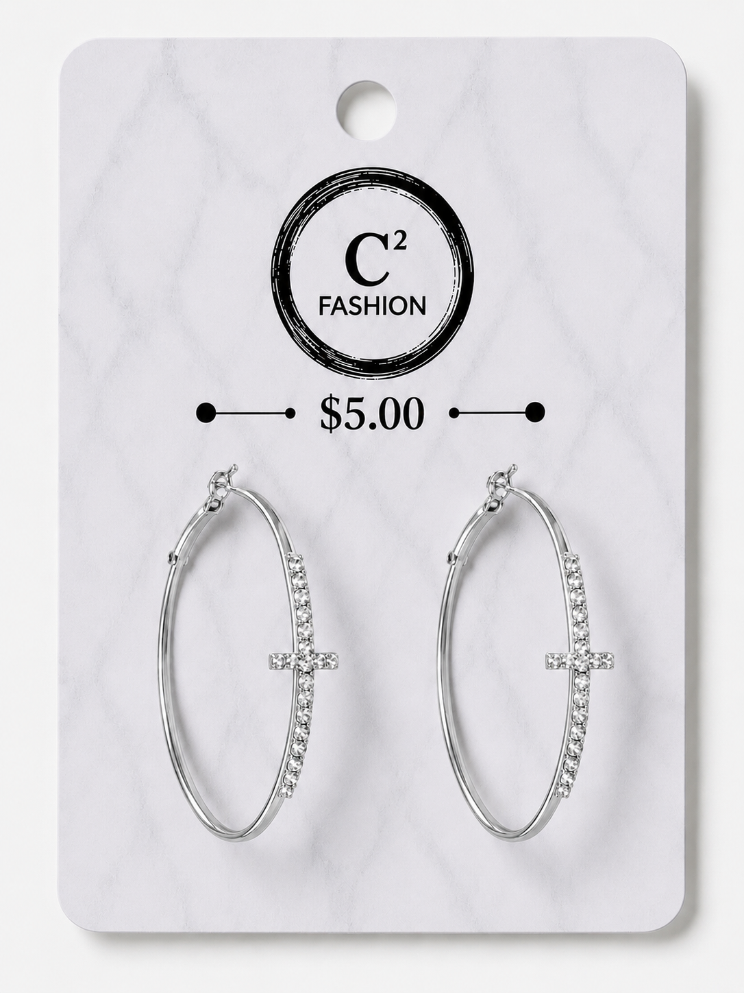 A pair of silver-tone hoop earrings with small clear rhinestone accents on the right side, displayed on a white marble-patterned retail card. The card shows the brand name 'C² FASHION' and a price of '$5.