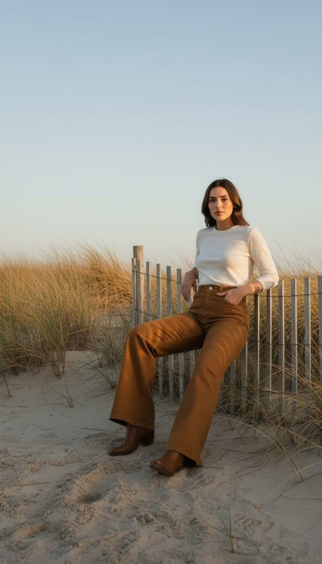 A woman sits on a wooden fence at a dune field during golden hour, wearing a white long-sleeve top and brown wide-leg pants with brown boots.