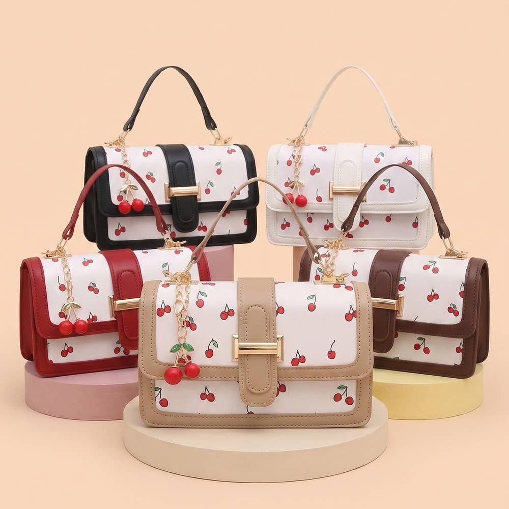 Cherry Print Buckle Flap Satchel: BK