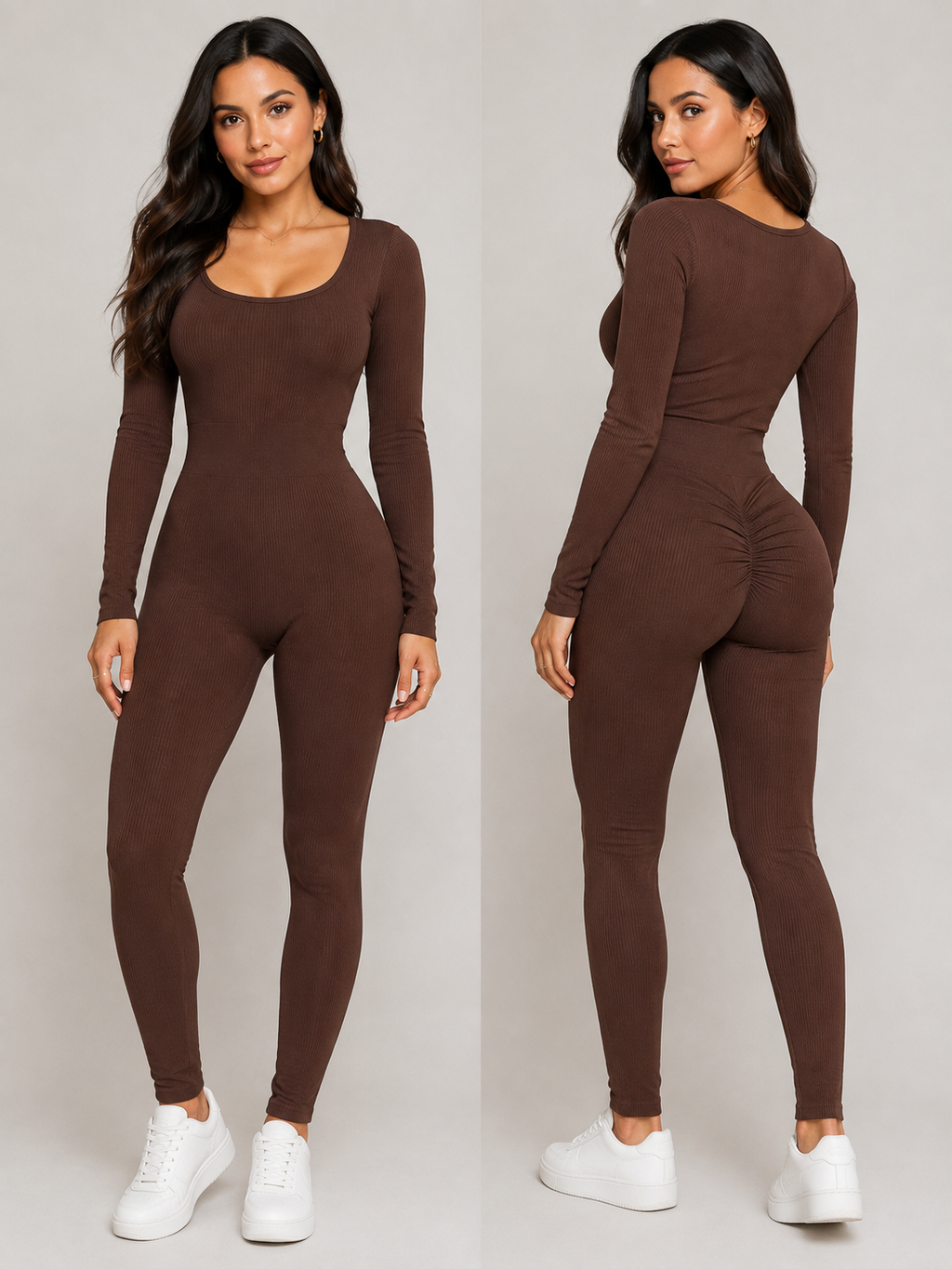 A woman modeling a fitted long-sleeve one-piece jumpsuit in solid dark brown, shown from both the front and back against a light gray studio background. She is wearing white sneakers.