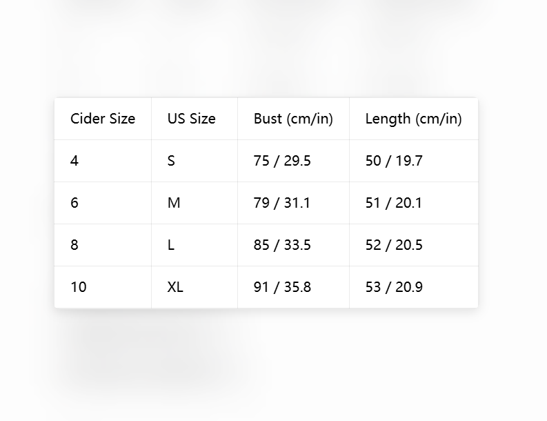 A size chart table showing Cider Size, US Size, Bust in centimeters/inches, and Length in centimeters/inches for sizes S through XL on a white background.
