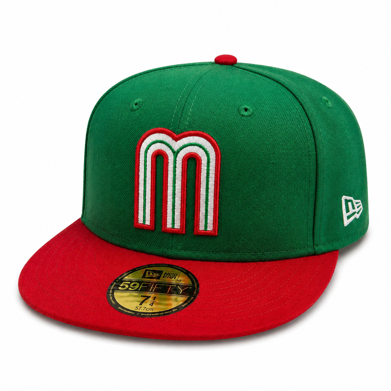 Green and red New Era 59FIFTY fitted hat with embroidered Mexico ‘M’ logo, size 7 1/4.