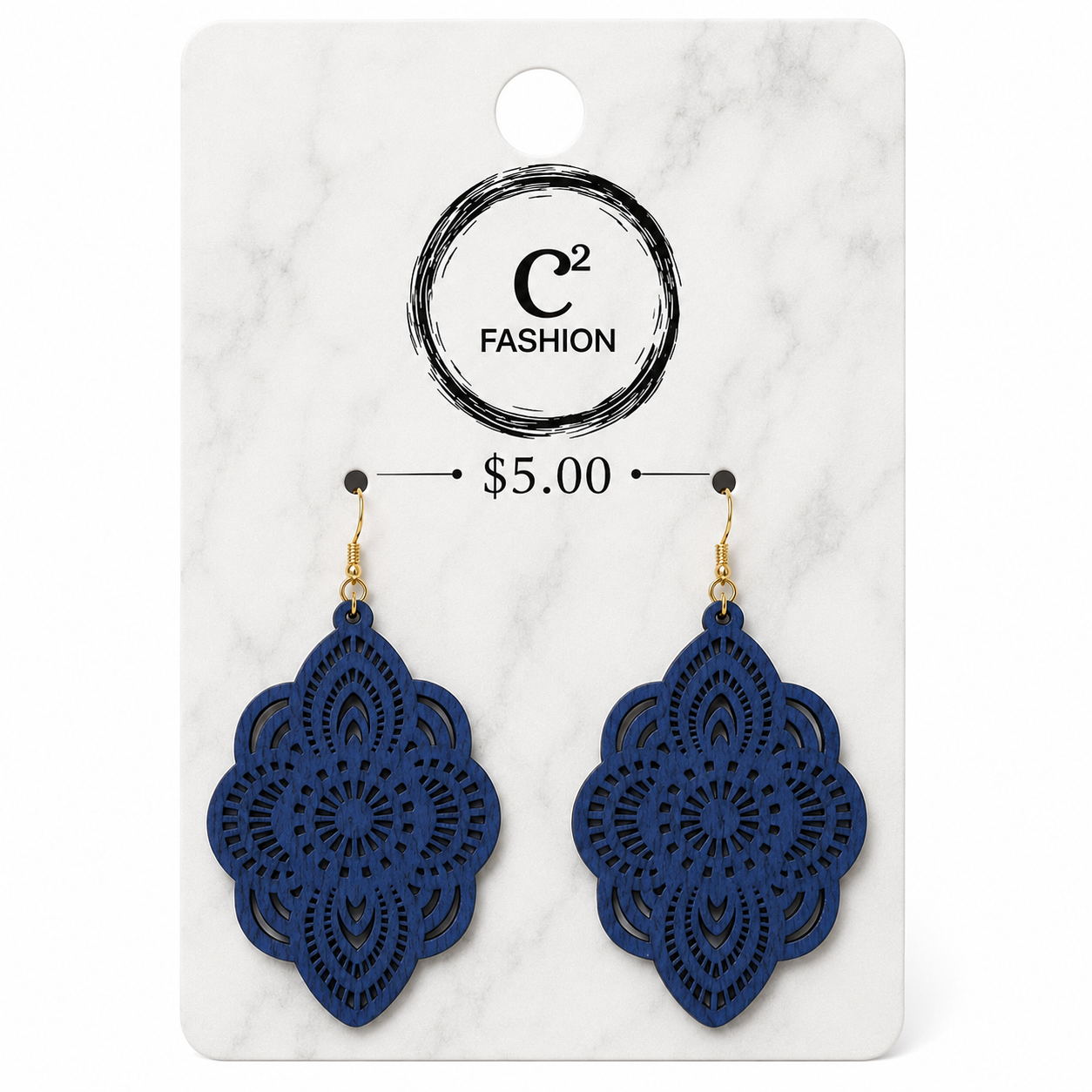 A pair of navy blue laser-cut dangle earrings with gold hooks, displayed on a white marble-patterned retail card with the C2 FASHION logo and a $5.00 price label.