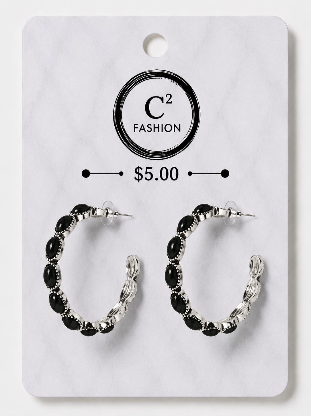 A pair of silver-tone hoop earrings with black onex rhinestones, displayed on a white marble-patterned retail card with the brand name C² FASHION and a $5.00 price printed on it.