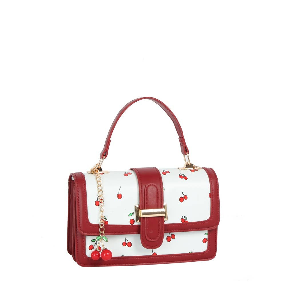 Cherry Print Buckle Flap Satchel: BK