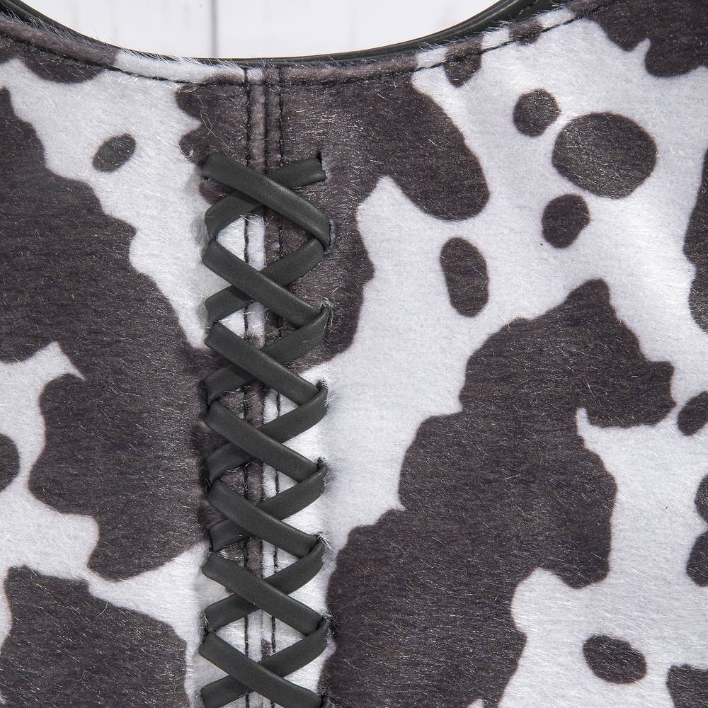 Cow Print Studded Fringe Shoulder Hobo Bag: BW