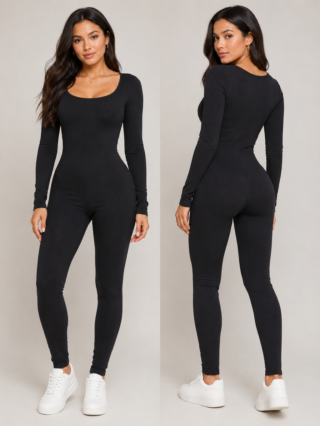A woman modeling a black long-sleeve scoop-neck bodysuit and matching leggings, shown from the front and back against a light gray studio background.