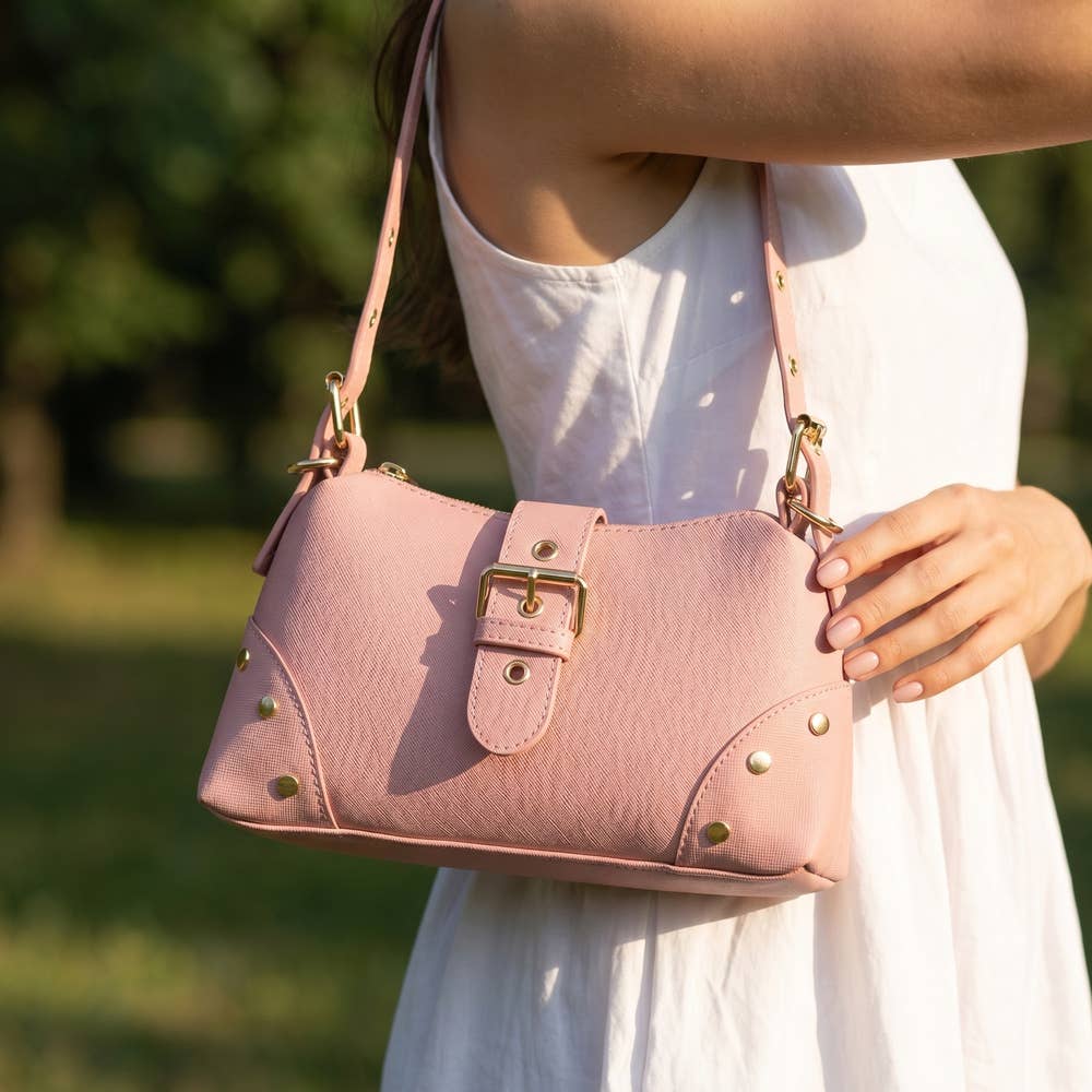 Studded Saffiano Buckle Strap Shoulder Bag: SMV