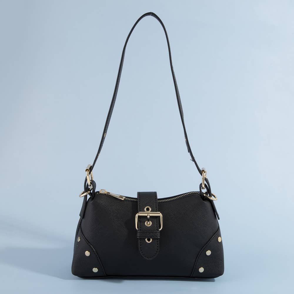 Studded Saffiano Buckle Strap Shoulder Bag: SMV