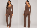 A woman modeling a fitted long-sleeve jumpsuit in a solid medium brown color, shown in two views: a front-facing pose on the left and a back-facing pose on the right, against a plain light gray studio background.