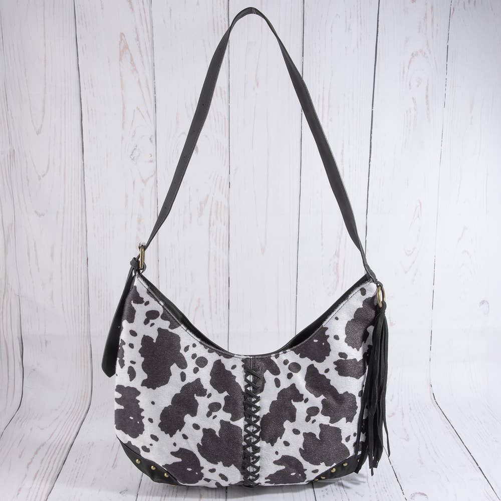 Cow Print Studded Fringe Shoulder Hobo Bag: BW