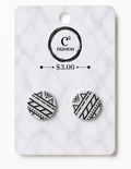 A pair of round stud earrings with black geometric tribal patterns on a white background, mounted on a white marble-patterned display card with the brand name C2 FASHION and a $3.00 price printed on it.