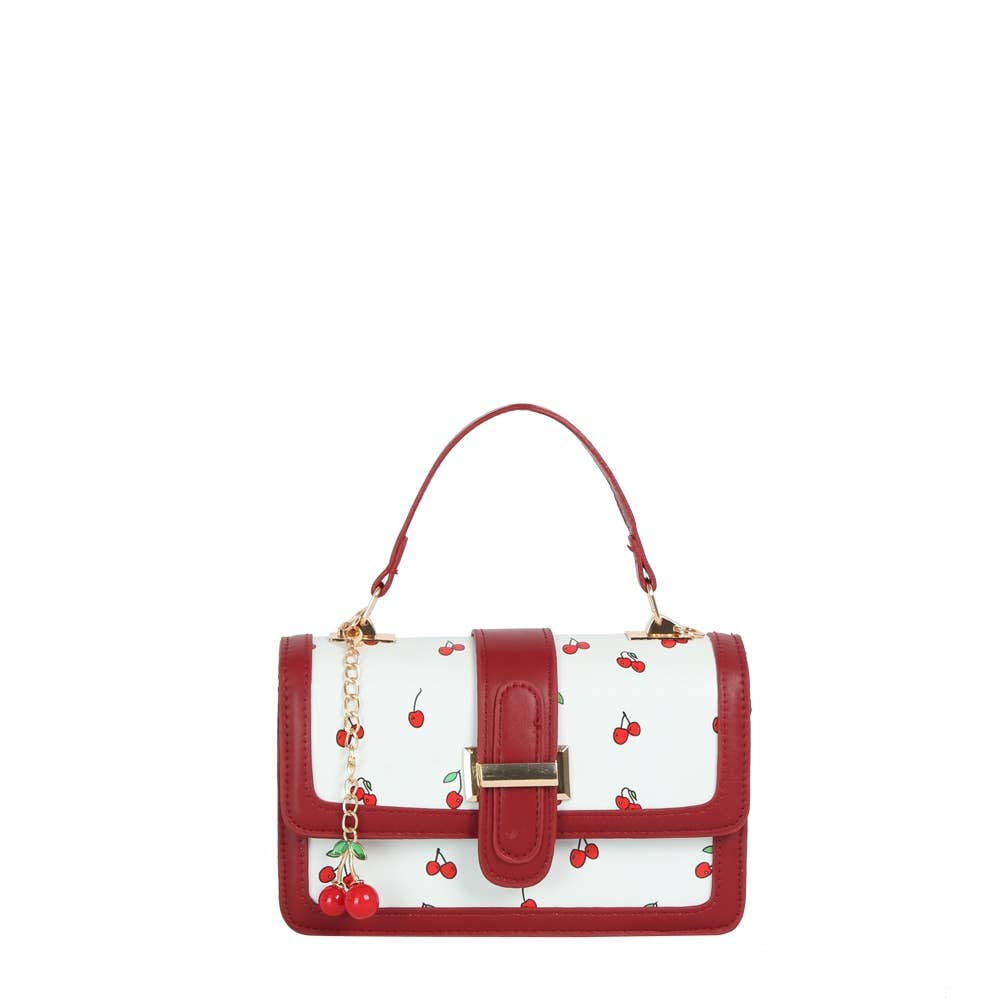 Cherry Print Buckle Flap Satchel: BK